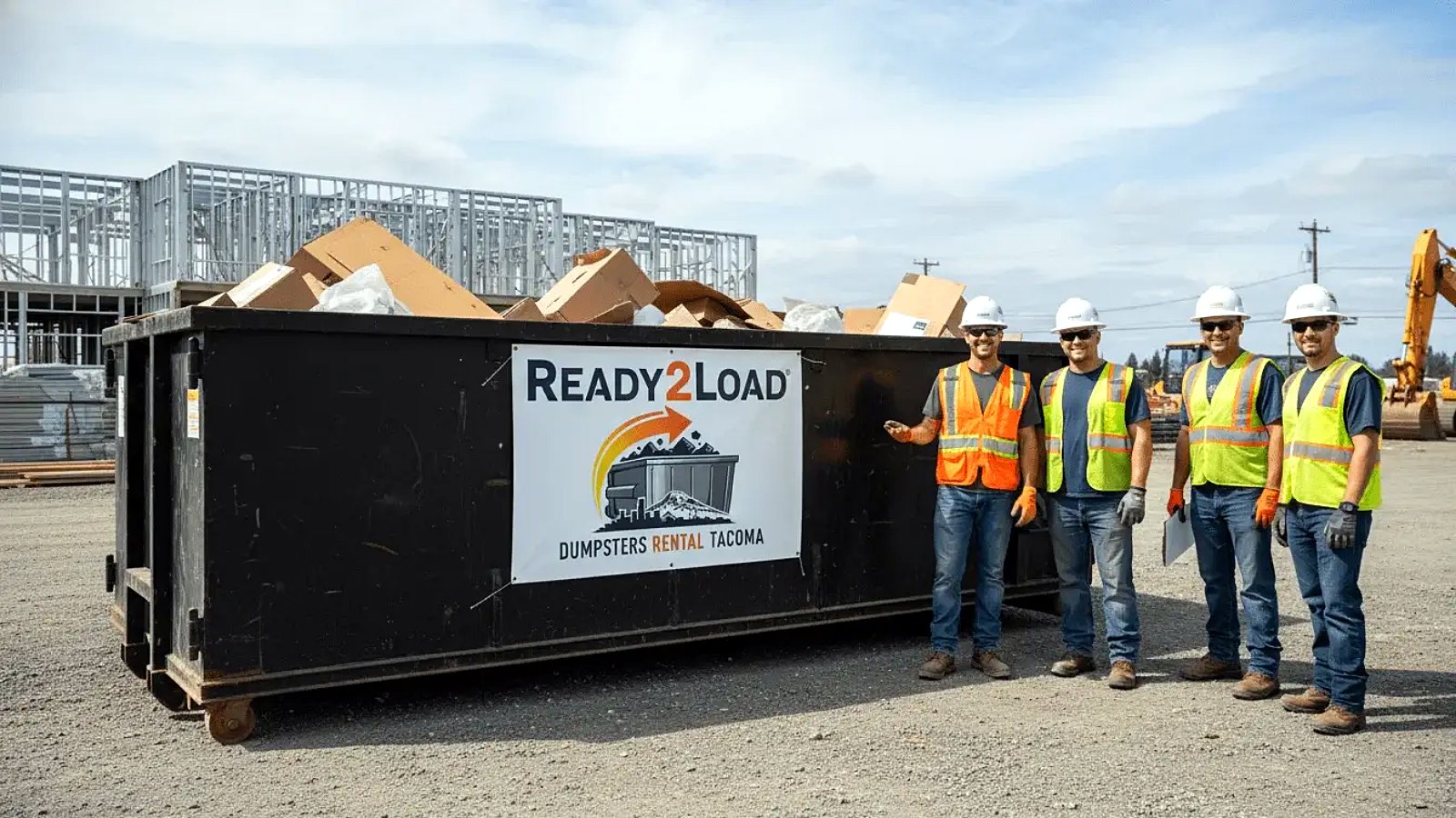 Black Ready2Load dumpster at a commercial building site with workers in safety gear