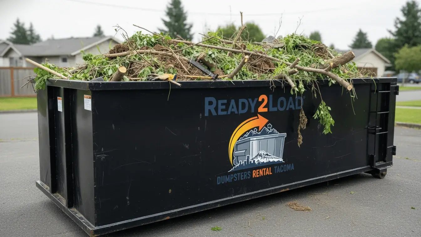 Black Ready2Load dumpster piled with branches and yard waste