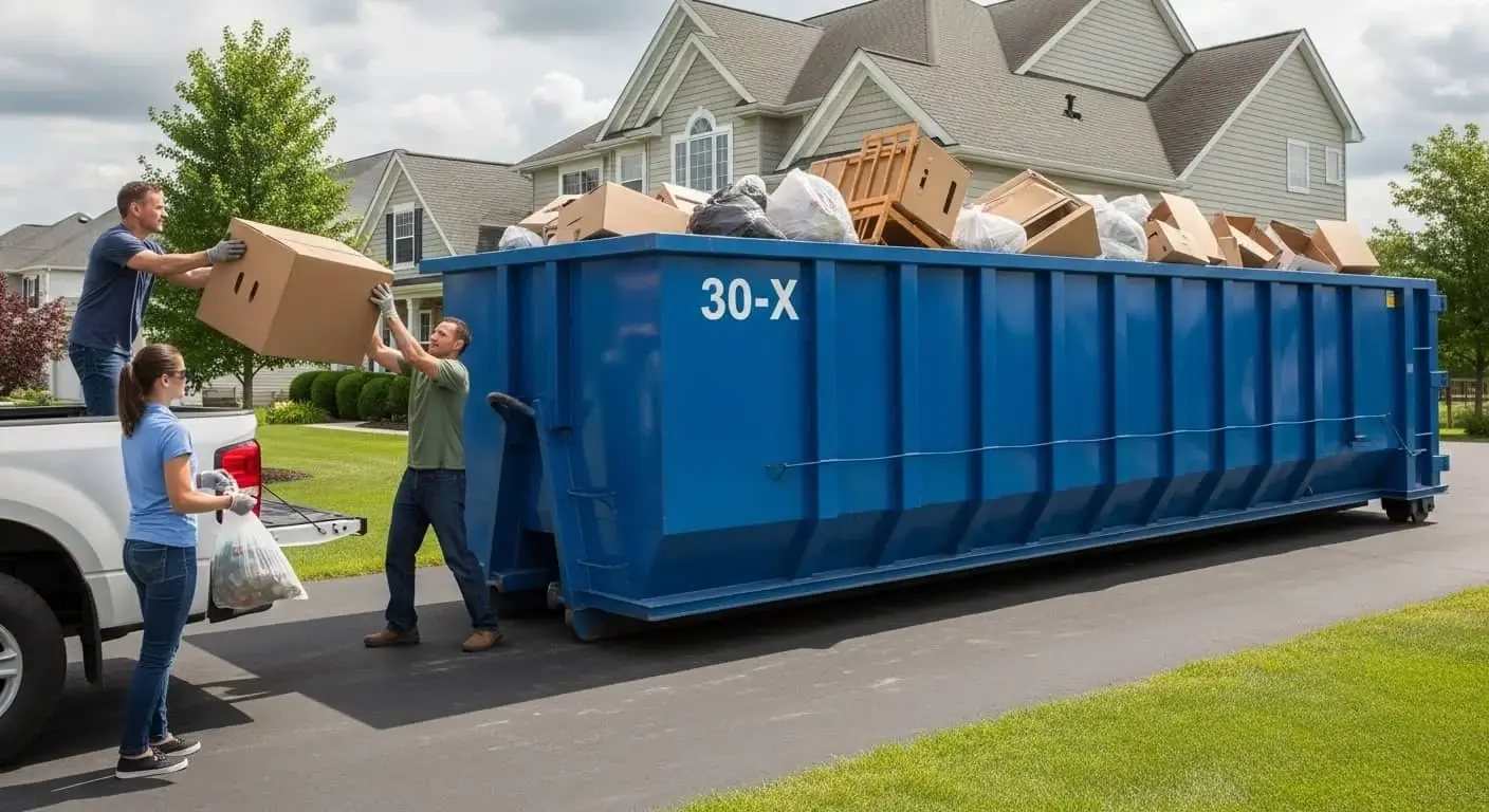Two people loading moving boxes into a blue 30-yard dumpster in a driveway