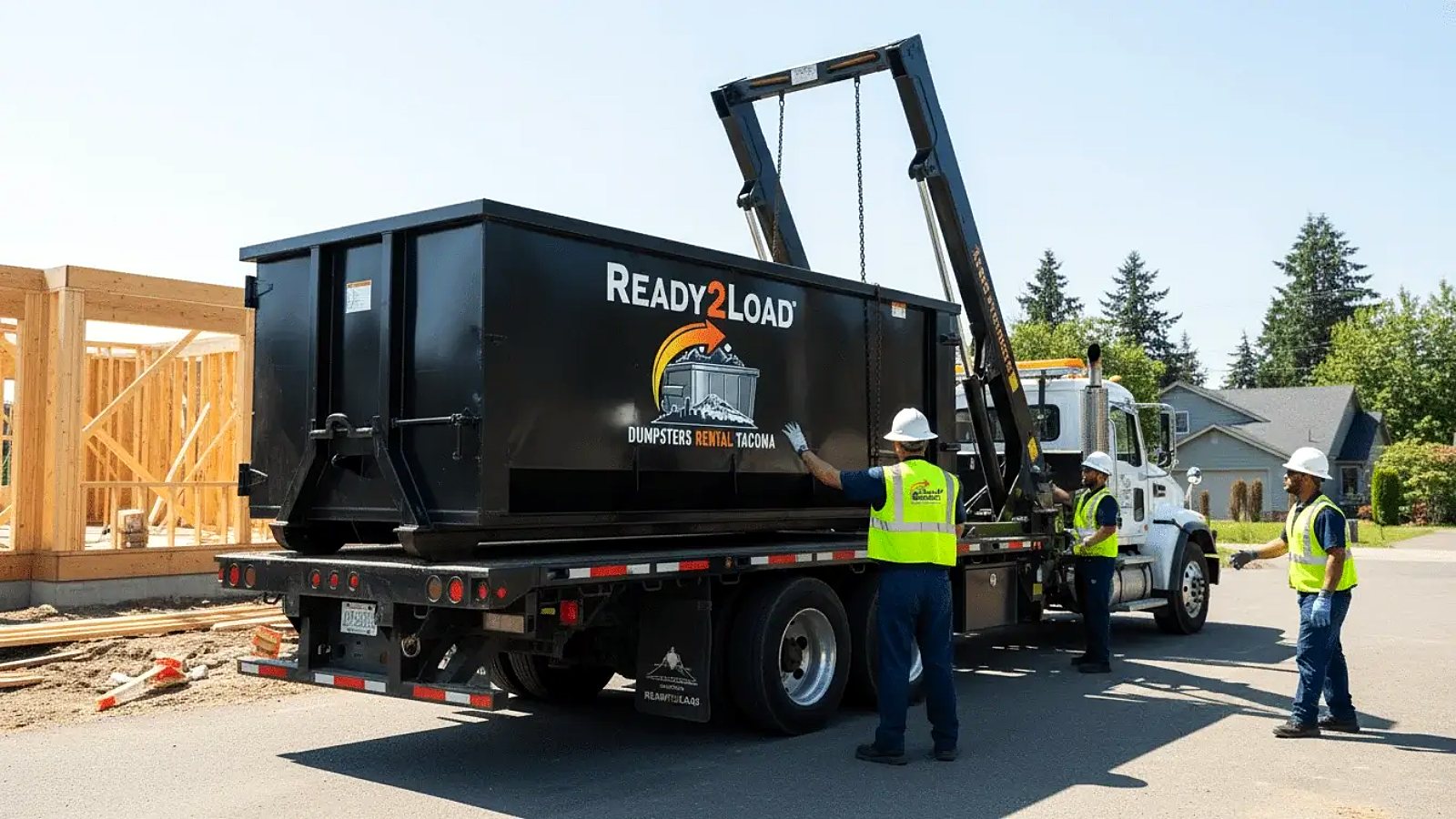 Black Ready2Load dumpster being lifted off a roll-off truck at a new build