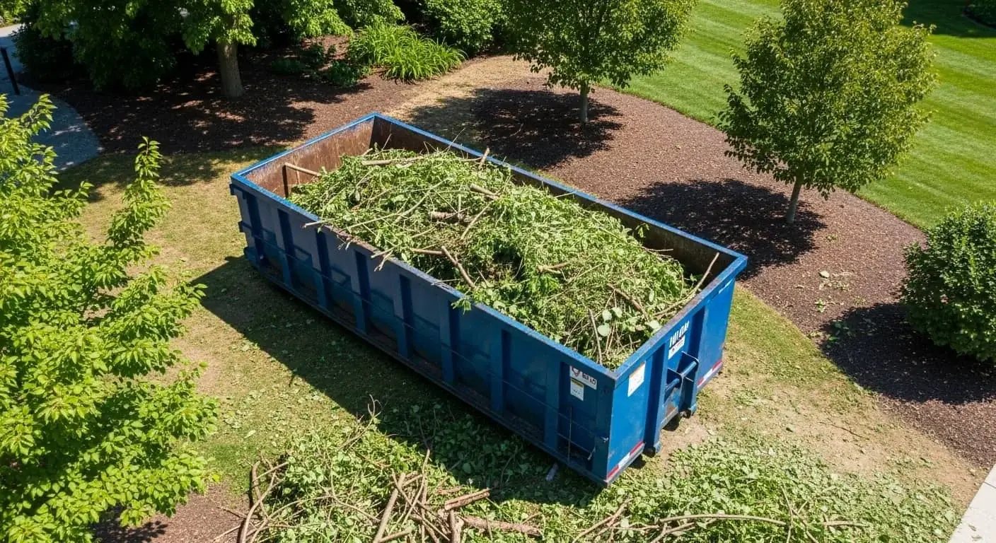 Blue roll-off dumpster filled with yard waste on a lawn, seen from above