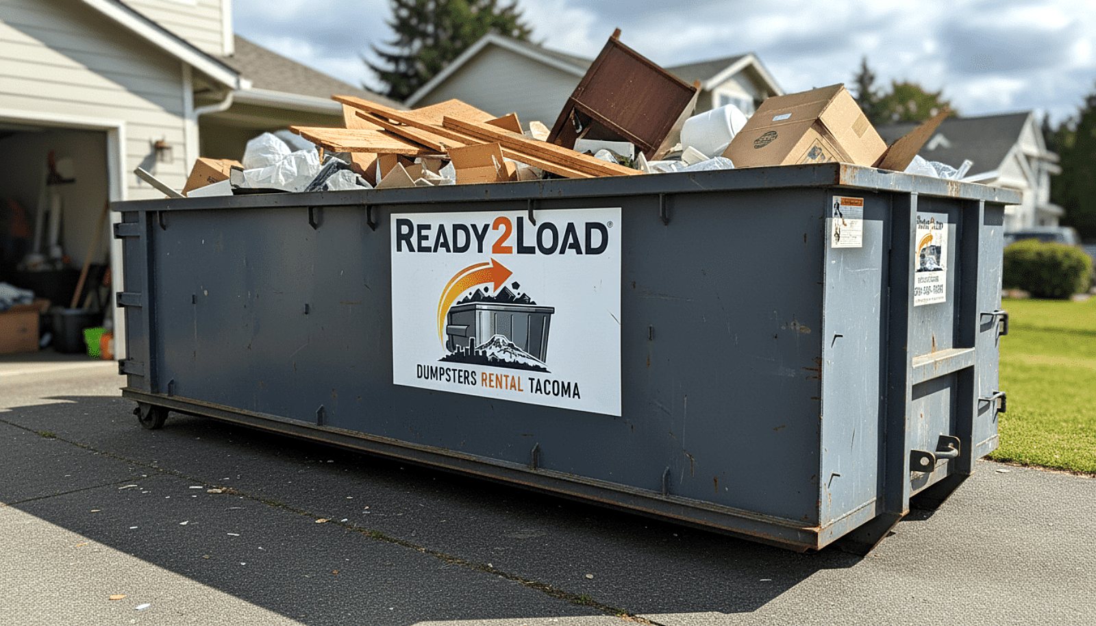 Grey Ready2Load dumpster full of renovation debris in a driveway