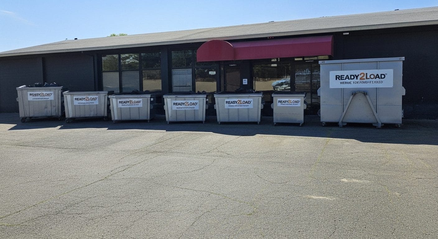 Row of white dumpsters in front of a Ready2Load building