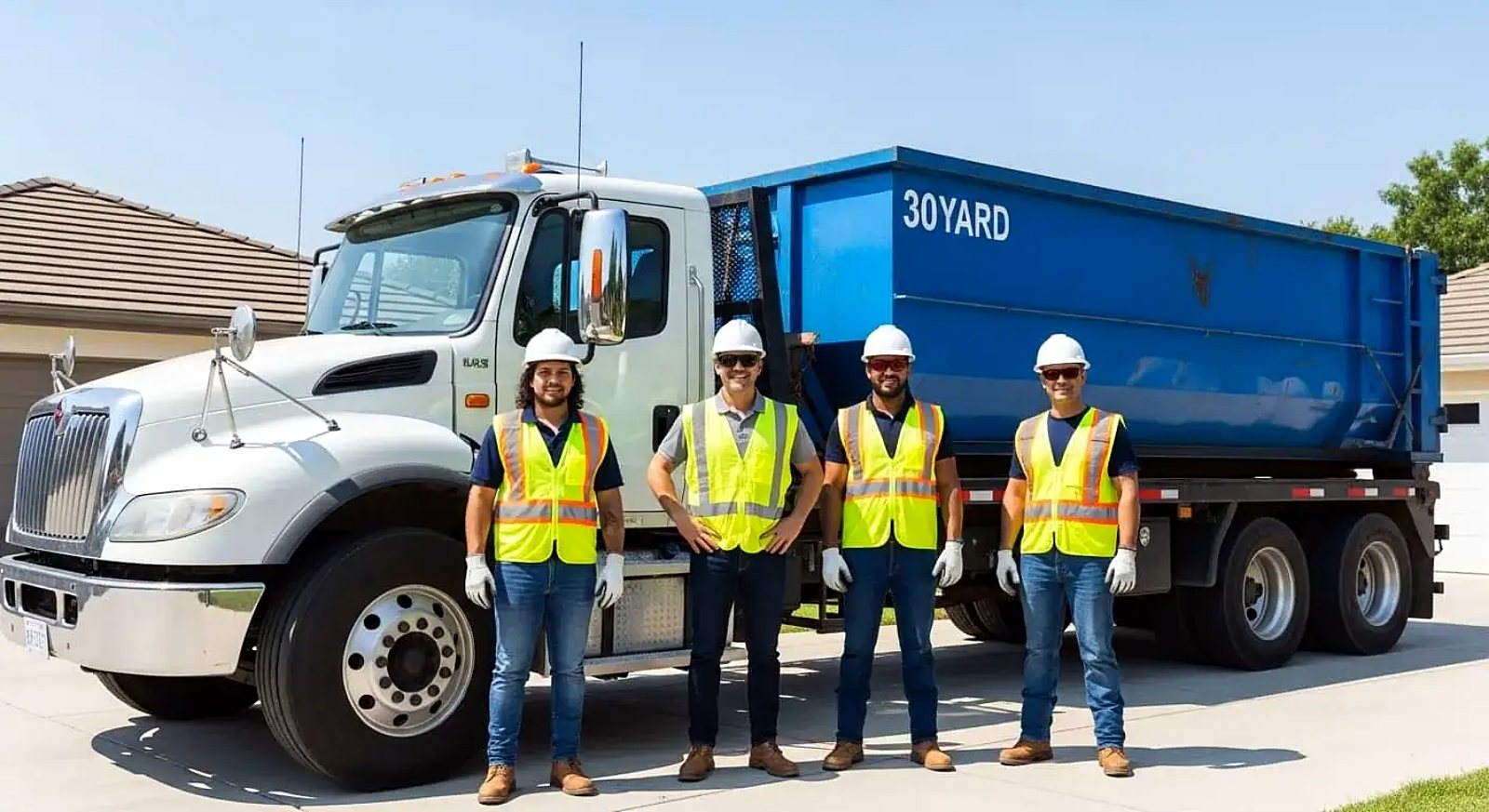 Four workers in hard hats and high-visibility vests beside a truck carrying a blue 30-yard dumpster