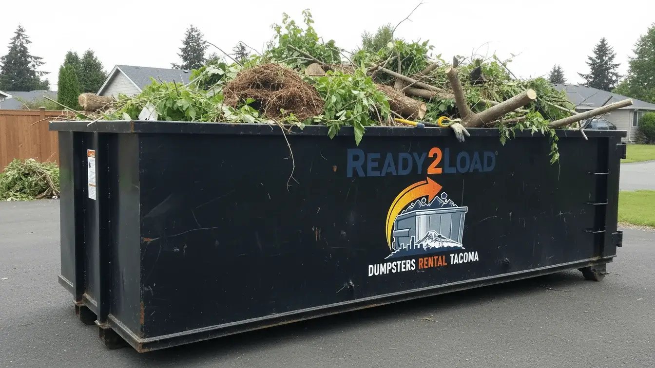 Black Ready2Load dumpster filled with yard waste and branches