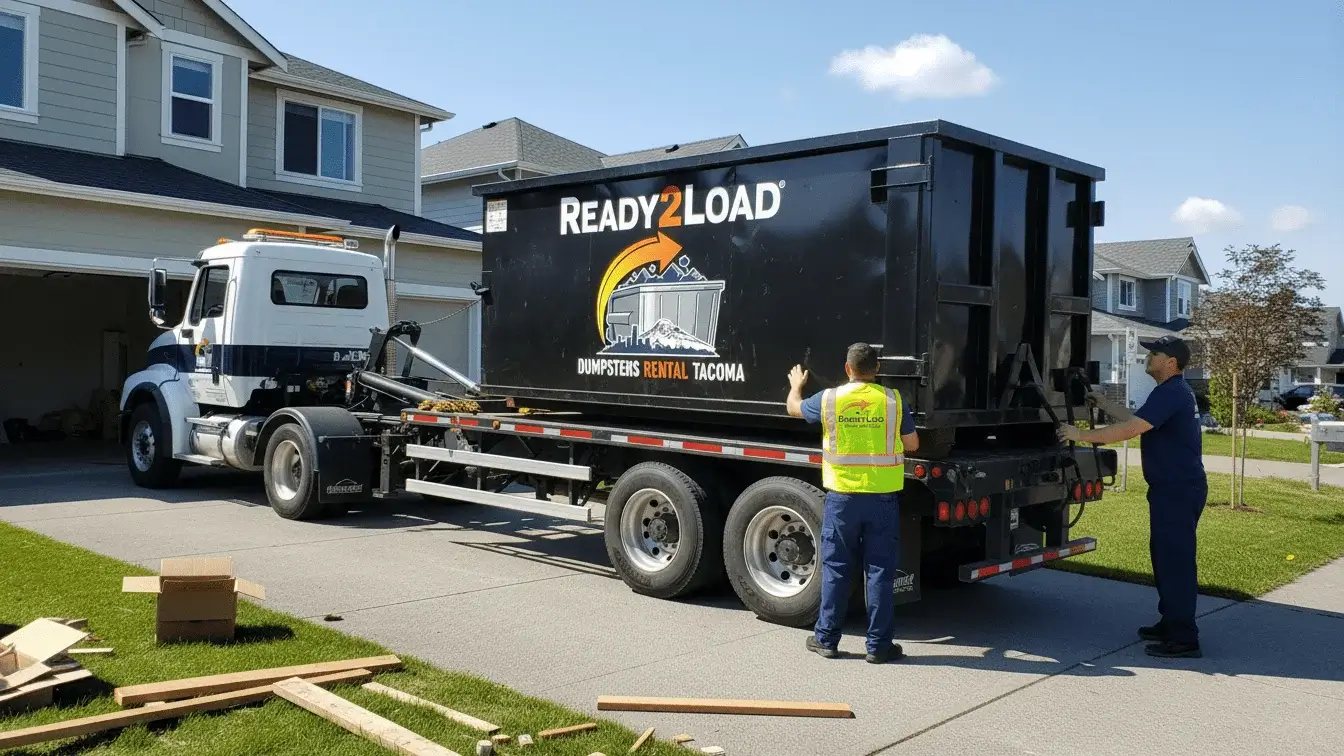 Black Ready2Load dumpster being unloaded from a truck at a house under renovation
