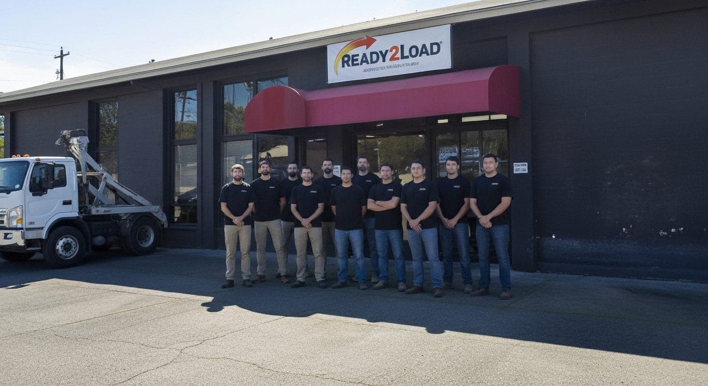 Group in dark work shirts in front of a Ready2Load building and a roll-off truck