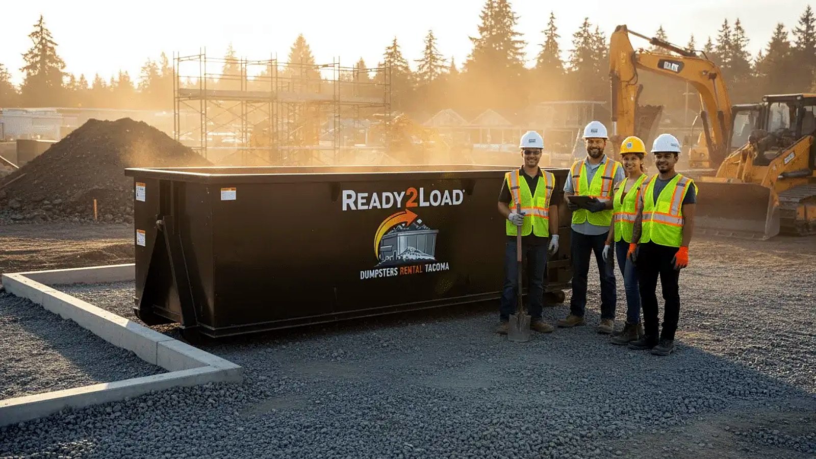 Black Ready2Load dumpster at a construction site with a crew in safety vests