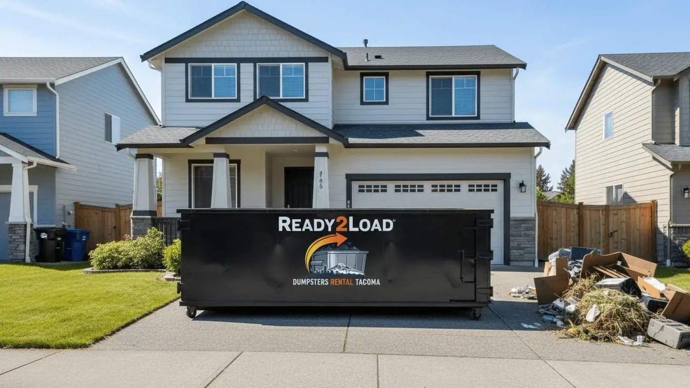 Black Ready2Load dumpster in front of a two-story house with debris on the lawn