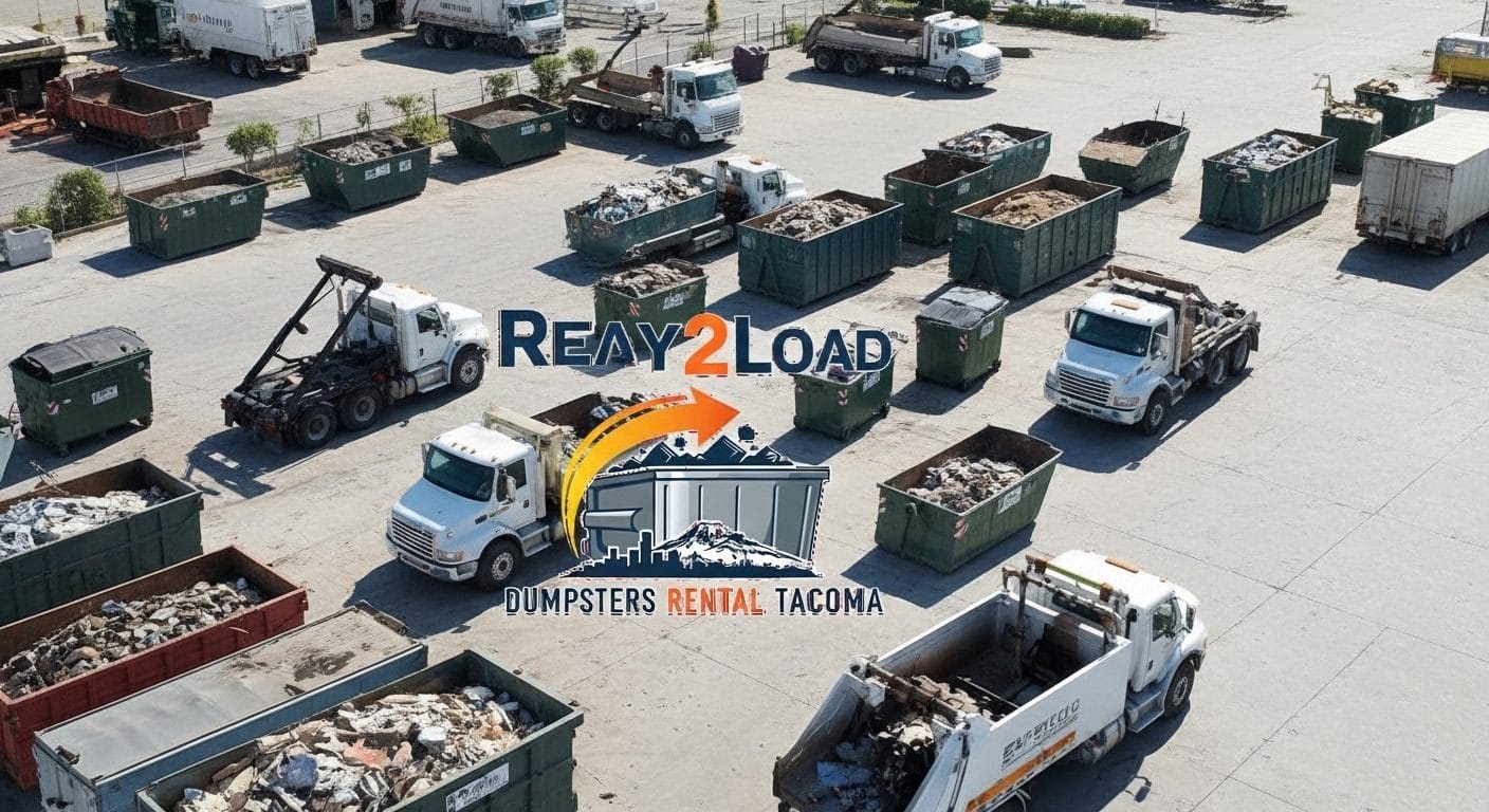 Aerial view of a yard with roll-off trucks and dumpsters of several sizes