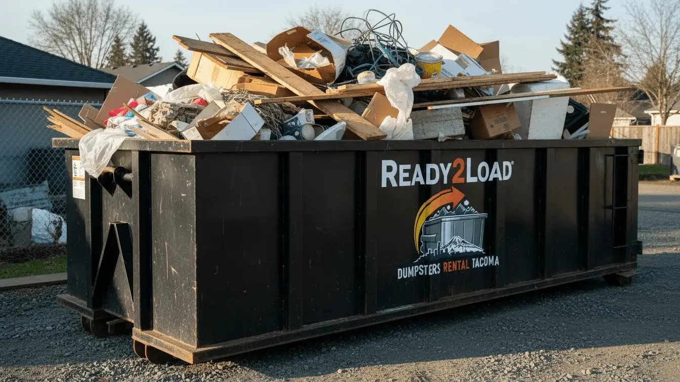 Black Ready2Load dumpster overflowing with household junk