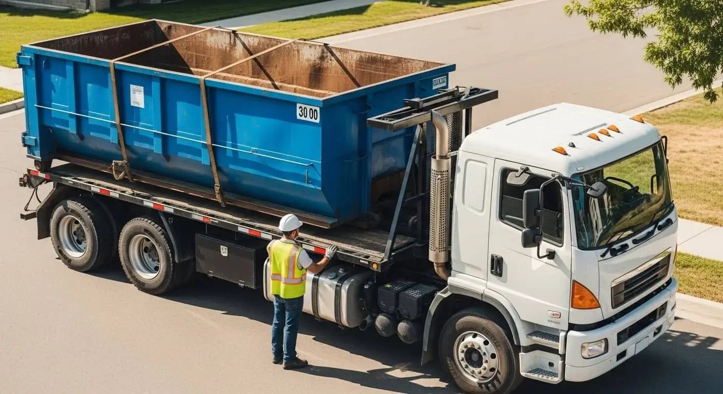 Roll-off truck carrying a blue dumpster on a residential street, driver in a safety vest