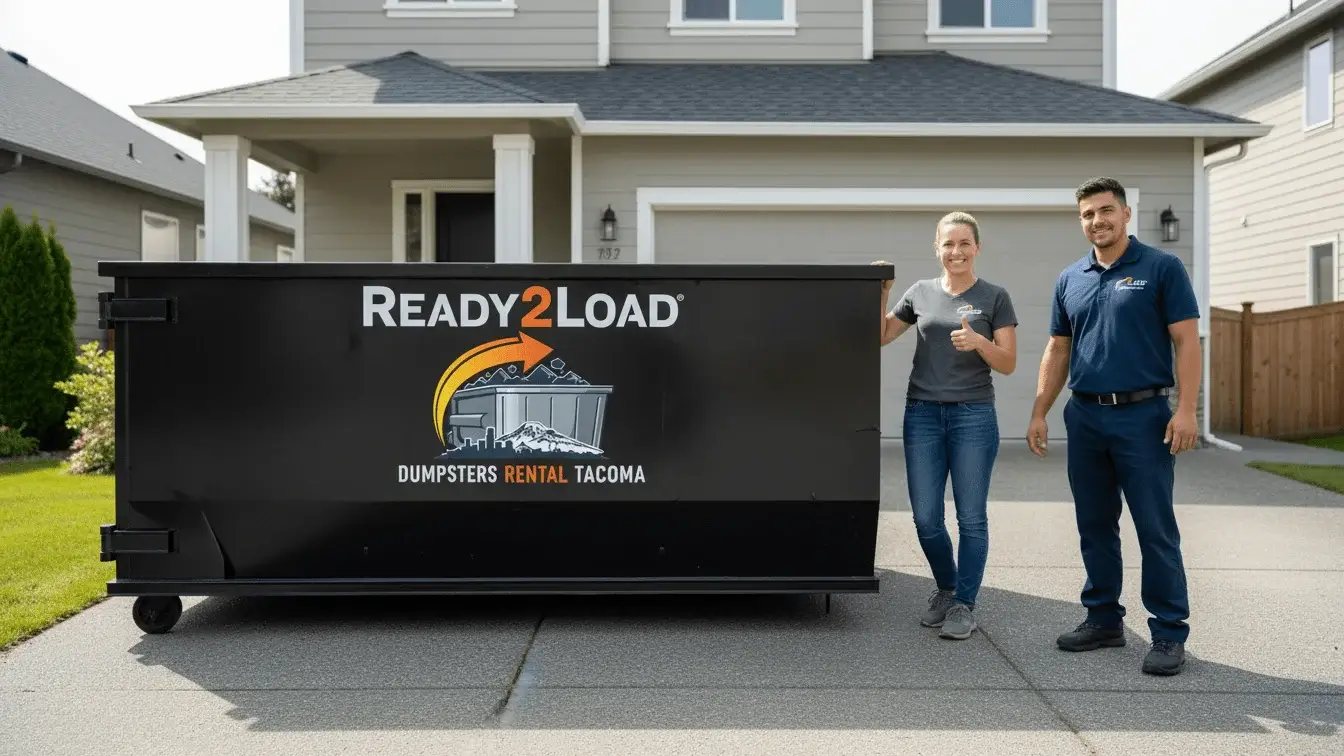 Two people standing beside a black Ready2Load dumpster outside a house