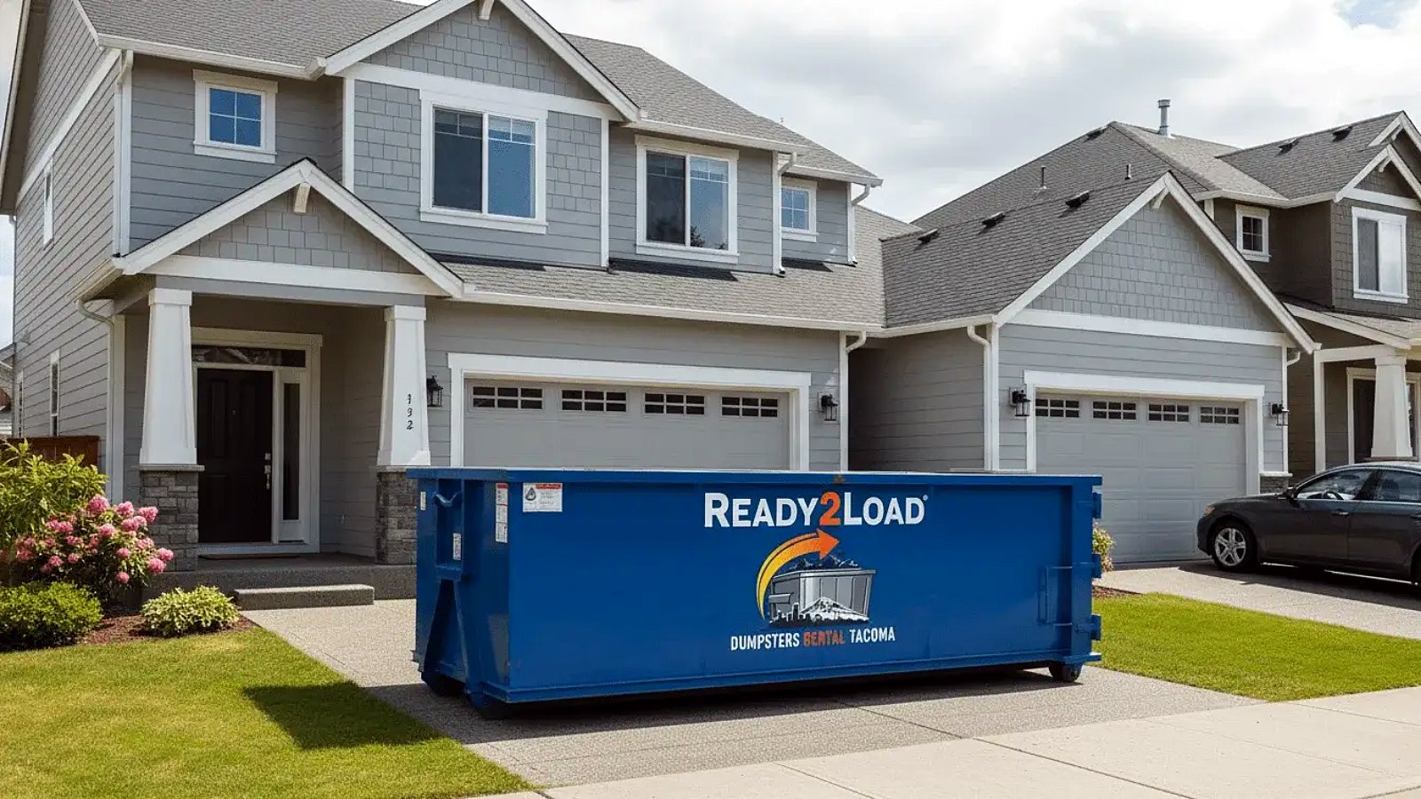 Blue Ready2Load dumpster in the driveway of a grey two-story house