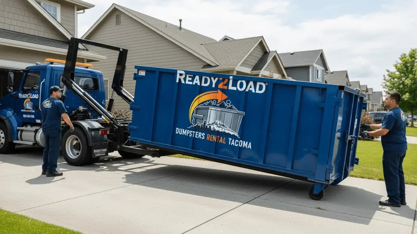 Two drivers placing a blue Ready2Load dumpster in a residential driveway