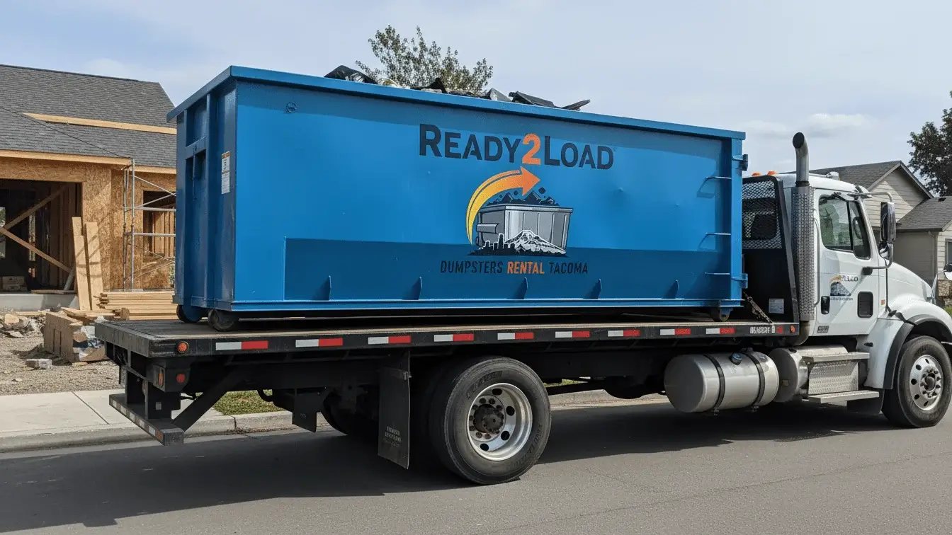 Truck carrying a blue Ready2Load dumpster past a house under construction