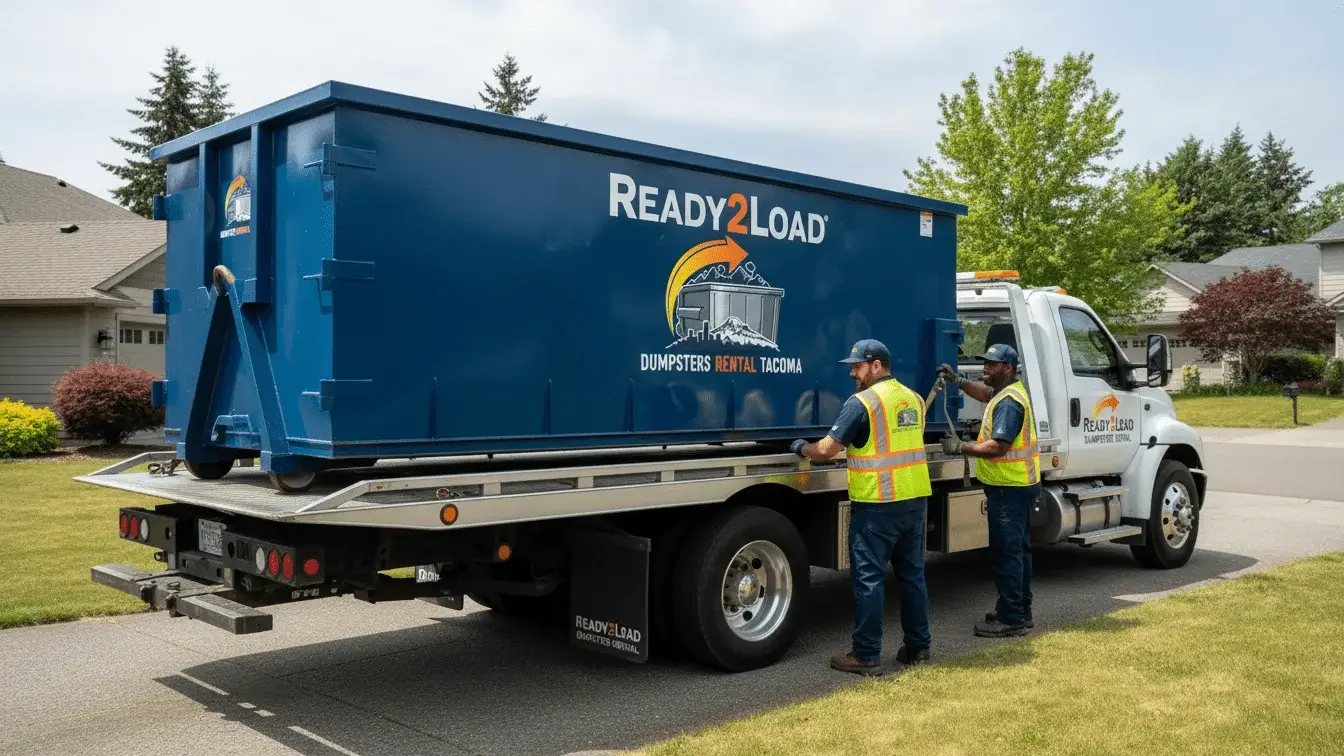 Crew unloading a blue Ready2Load dumpster from a truck in a driveway